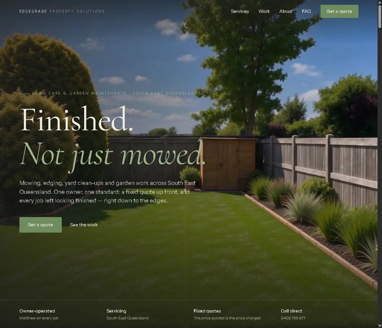 Edge Grade website homepage with its Finished. Not just mowed. headline, navigation and quote links